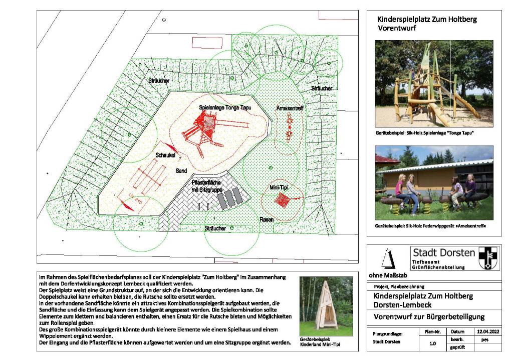 Planentwurf zum öffentlichen Kinderspielplatz im Wohngebiet Zum Holtberg in Lembeck
