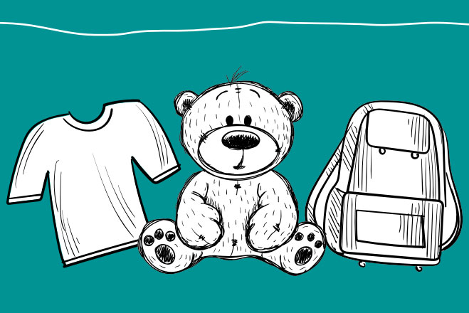 Abbildung Teddy, Kleidung und Rucksack