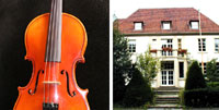 Bildkollage Cello und Gebäude der Musikschule von außen