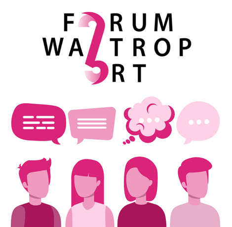 Auf dem Bild: Grafik mit stilisierten Personen, Sprech- und Denkblasen, Projektlogo. Text im Bild: Forum Waltrop 3. Ort. © Volkshochschule Waltrop, Online-Redaktion Waltrop