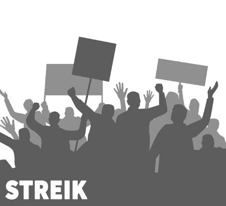  Auf dem Bild: Silhouetten von Menschen und Plakaten. Text im Bild: Streik.