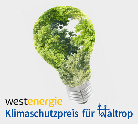 Auf dem Bild: Grafik, Stilisierte Glühbirne mit Baumkronen; Logo, westenergie AG. Schrift im Bild: Klimaschutzpreis für Waltrop.